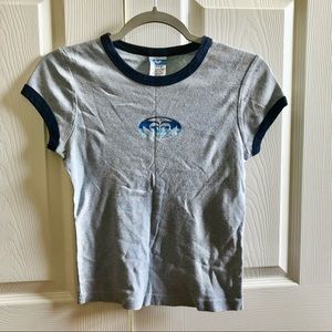 Roxy Womens Logo T-Shirt, Heathered Blue Tee W/ Dark Blue Piping At Arms & Neck